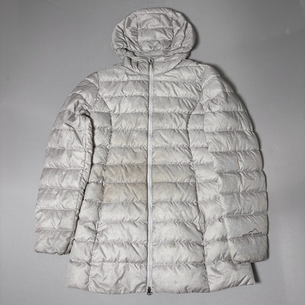 Eddie Bauer Womens Gray Hooded Puffer Jacket Full Zip Down Parka Small